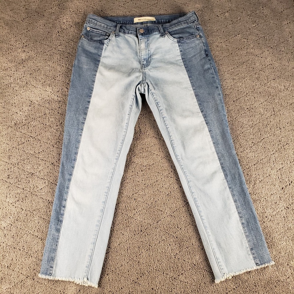 Gap 1969 Jeans Womens 31 Blue Real Straight Colorblock Stretch Raw Hem Denim